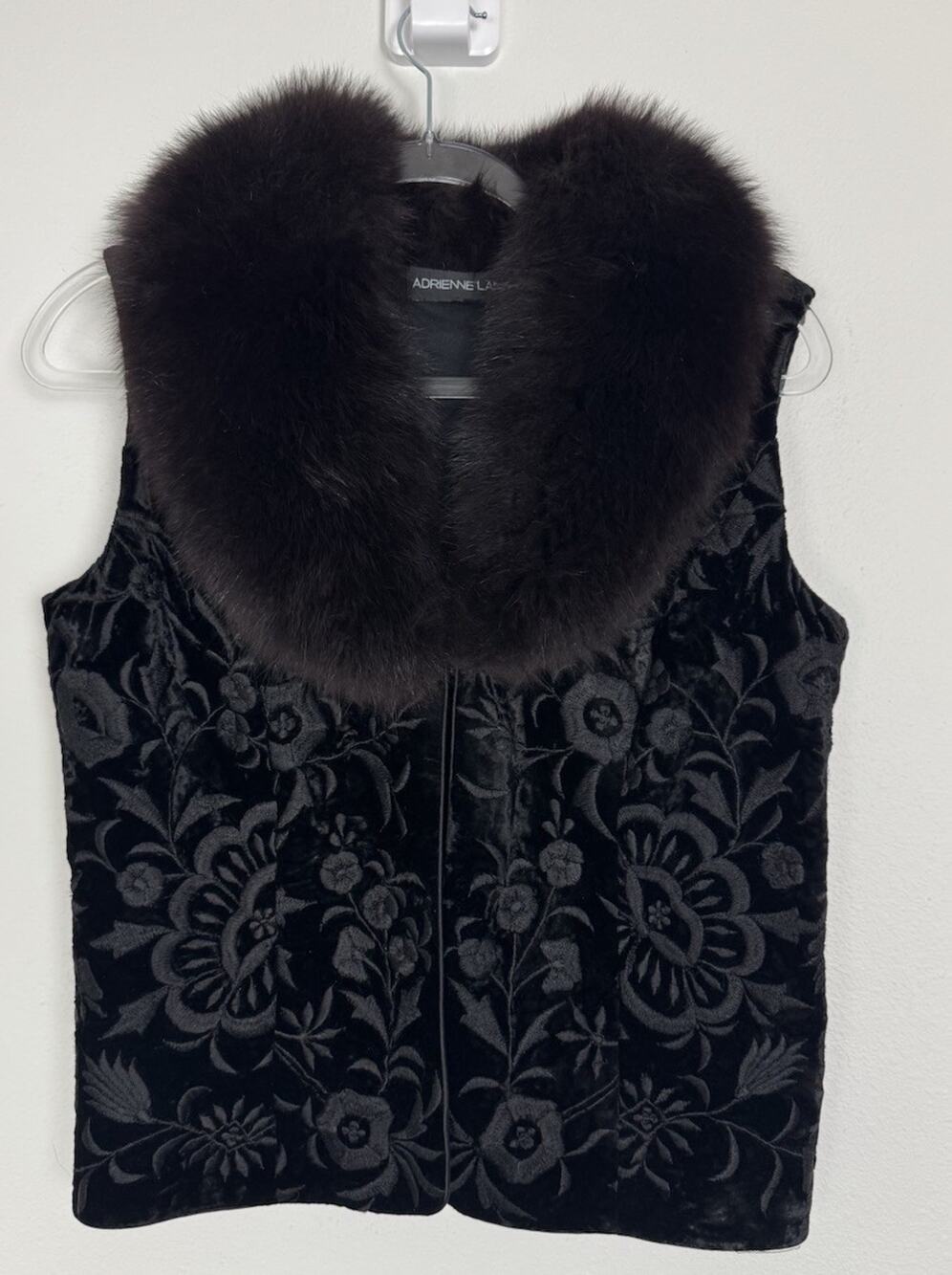 Vintage Adrienne Landau Silk Velvet Vest Fox Fur Collar Embroidered Black USA S